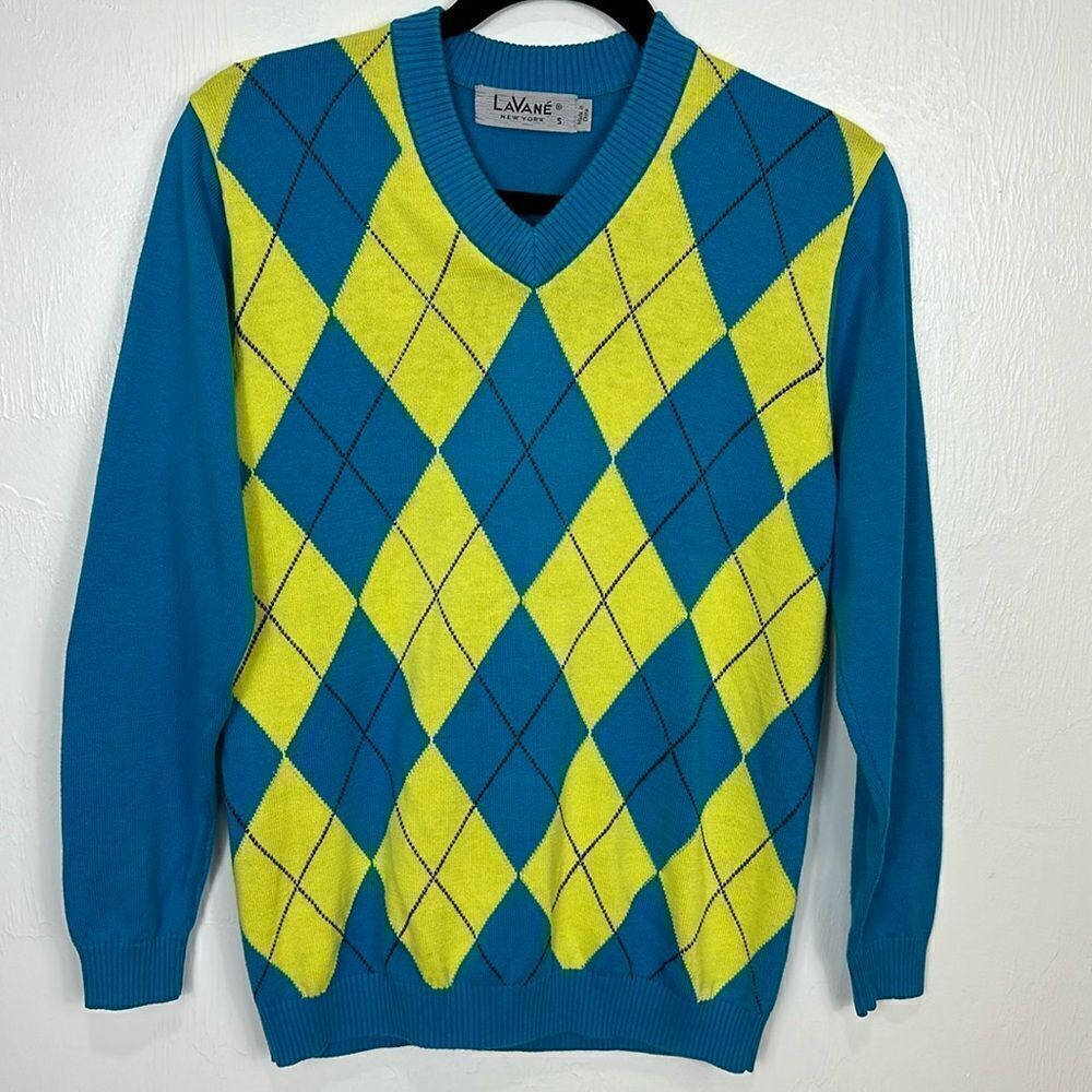 LaVane Cotton Blend Argyle Print V-neck Pullover Sweater Size S